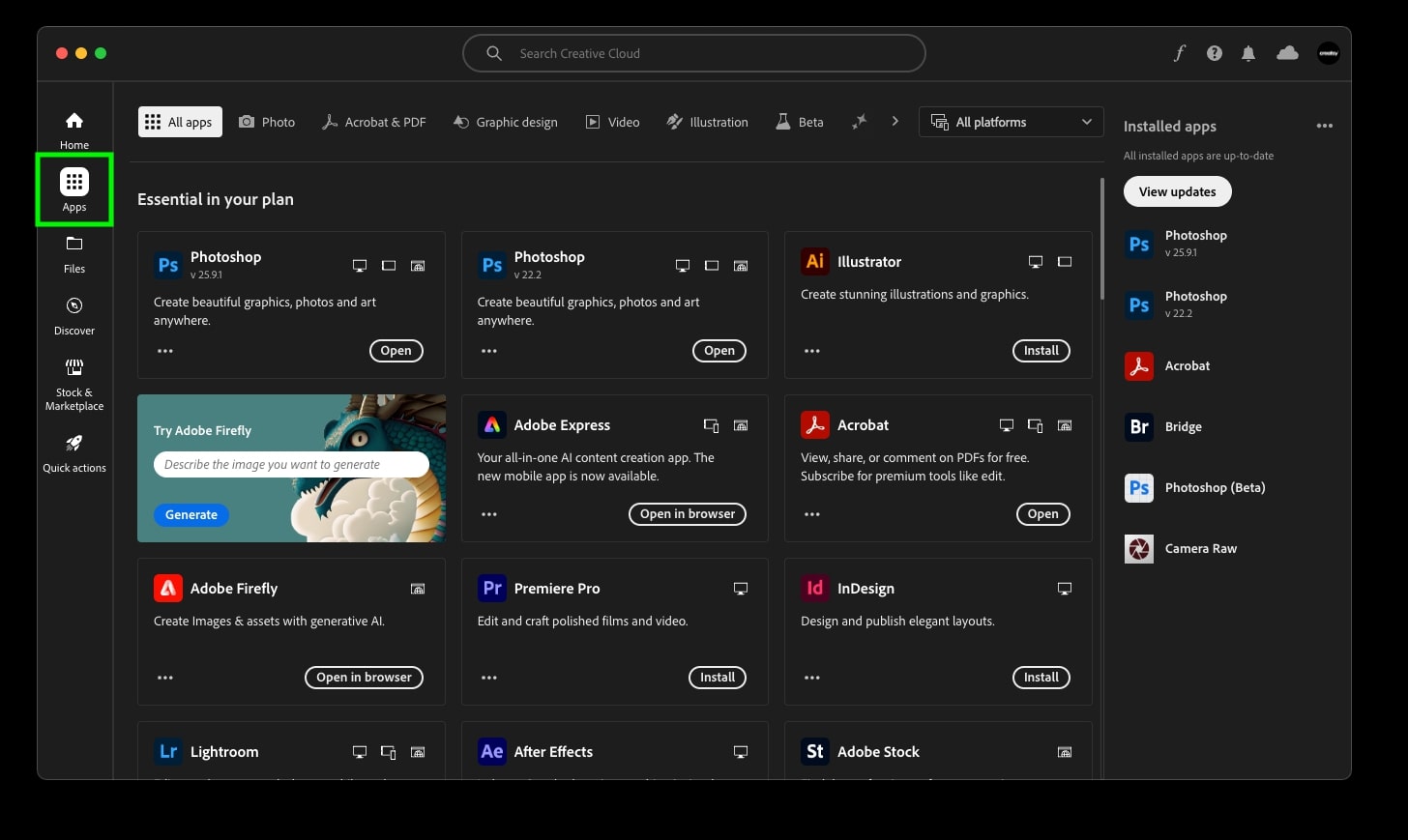 Adobe Creative Cloud Apps section showing Photoshop tile with three-dot menu for accessing other versions